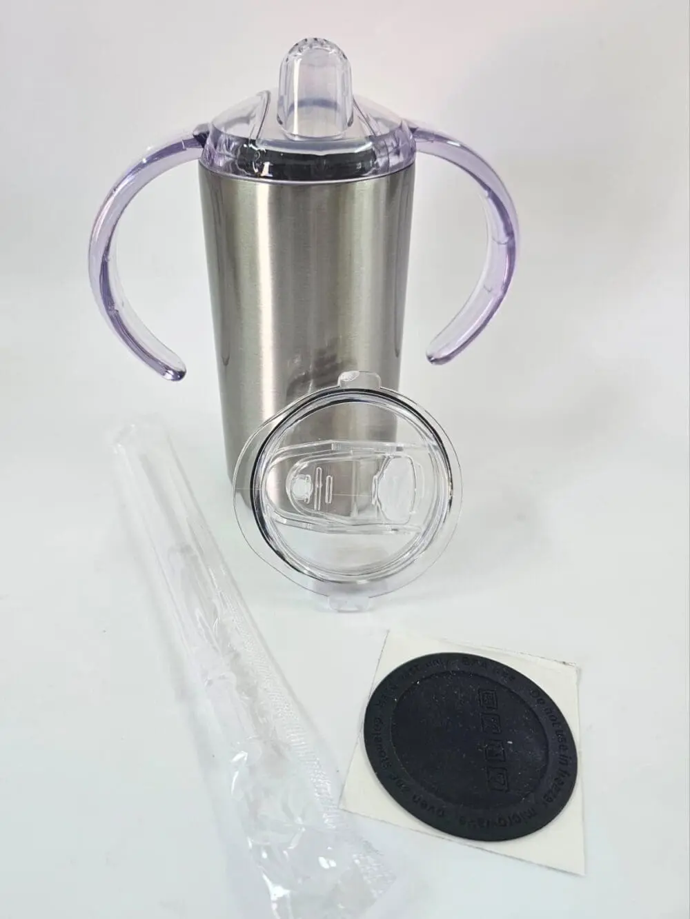 Sublimation Blanks : Seamless 12oz Straight Sippy Tumblers with Dual Lid (White & Silver)