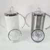 Sublimation Blanks : Seamless 12oz Straight Sippy Tumblers with Dual Lid (White & Silver)