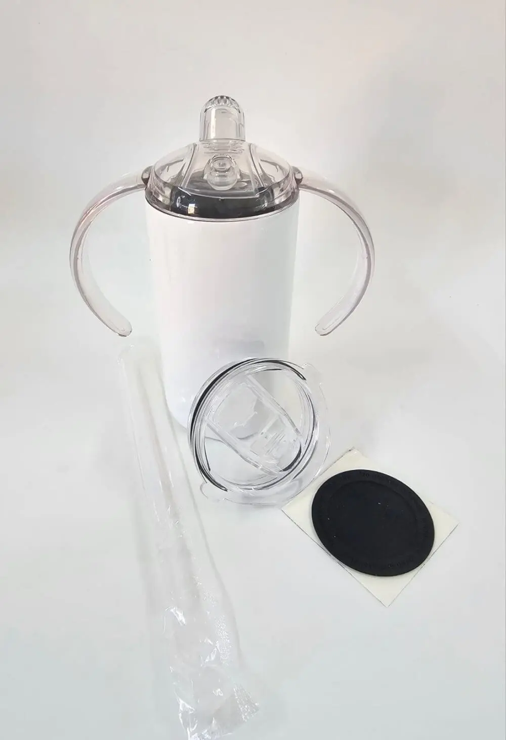 Sublimation Blanks : Seamless 12oz Straight Sippy Tumblers with Dual Lid (White & Silver)