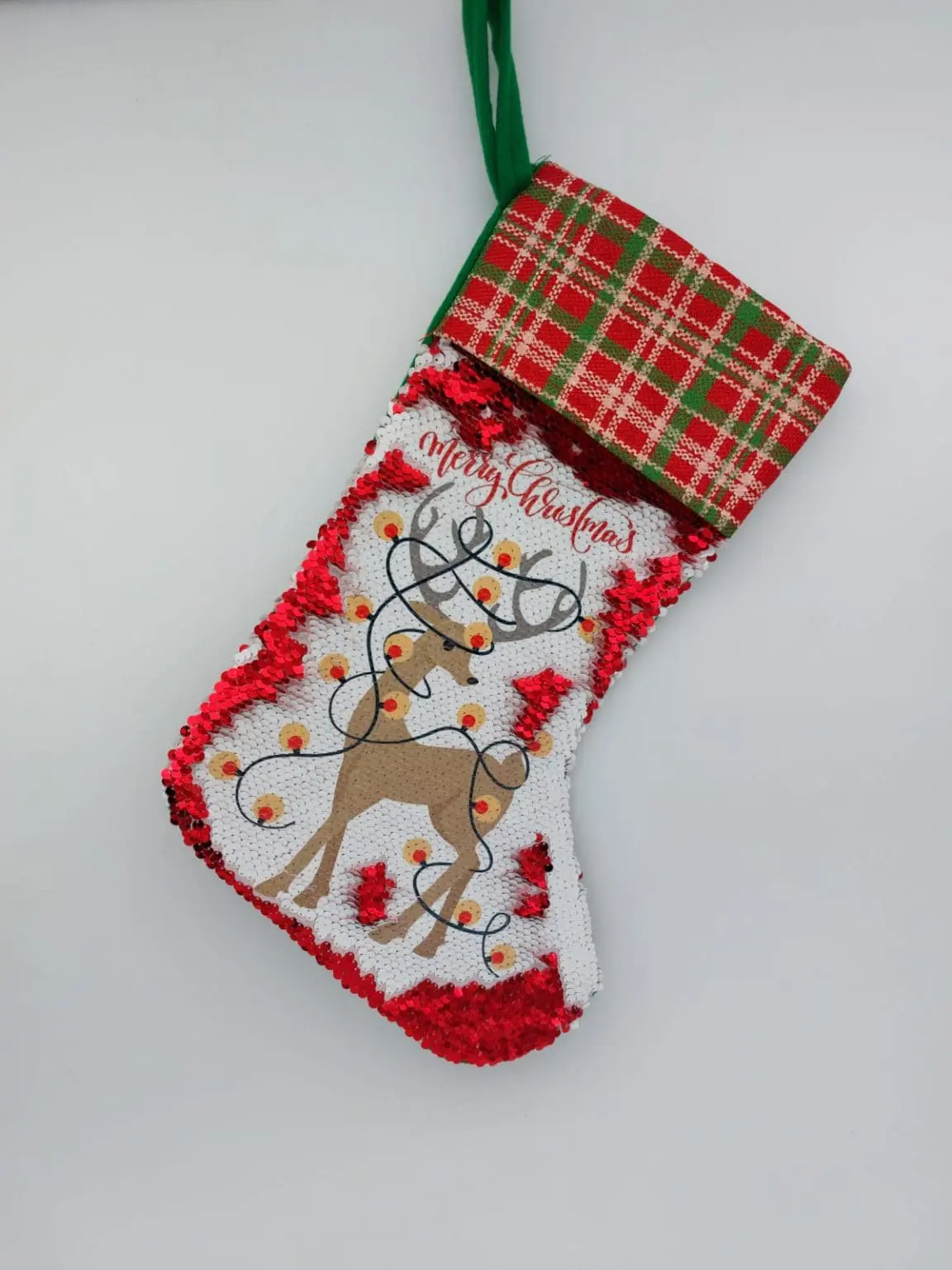Christmas Blanks : Boot Sequins/Plaid Top Stockings