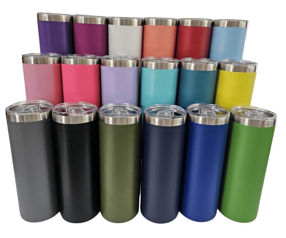 Tumblers : 20oz Powder Coated Silver Steel Rimmed Coloured Straight Tumblers