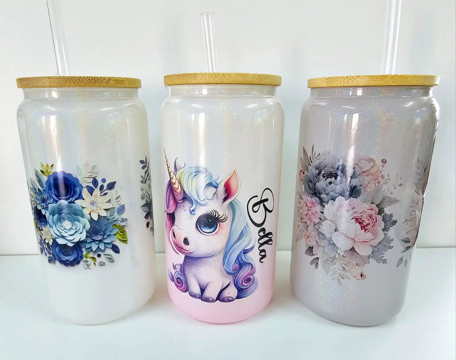 16ozGlassShimmers Print Sublimation Blanks : 16oz Shimmer Libbely/Cola Can Glasses with Bamboo Lids