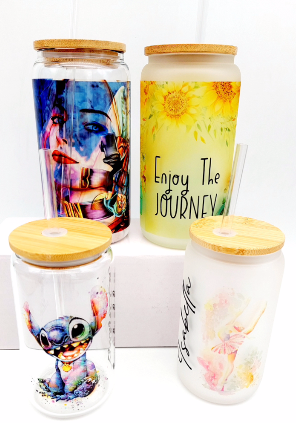 Sublimation Blanks : 12 & 16oz Clear & Frosted Cola Glass (Libbey) Tumblers with Bamboo Lids
