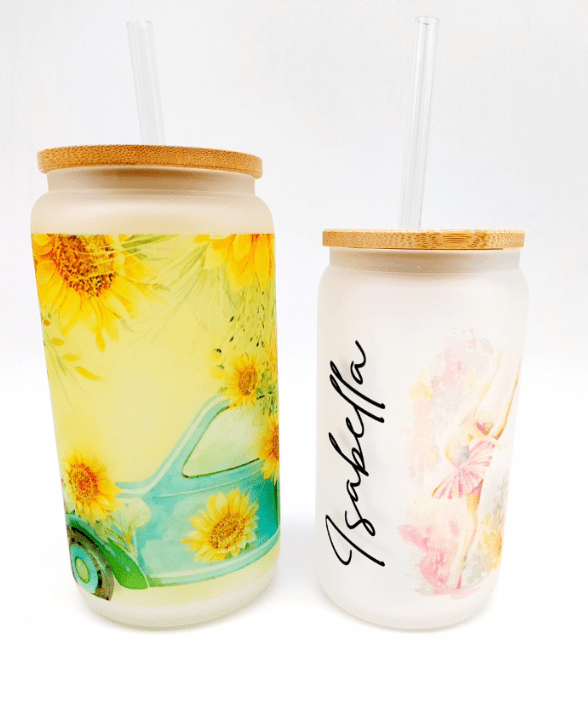Sublimation Blanks : 12 & 16oz Clear & Frosted Cola Glass (Libbey) Tumblers with Bamboo Lids