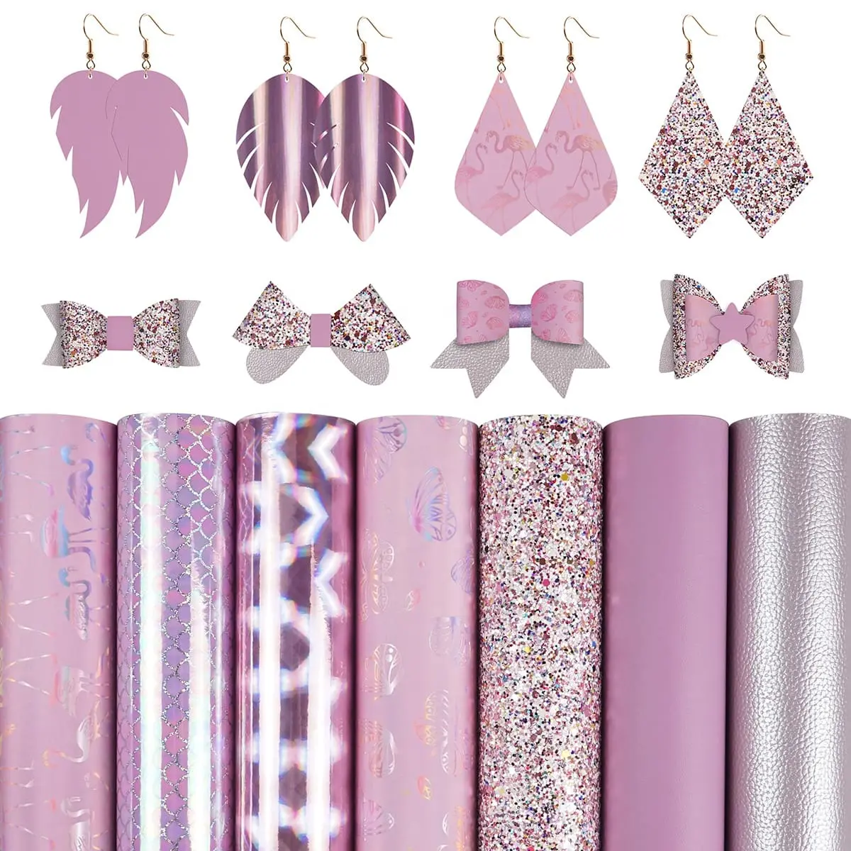 FL44 Faux Leather : 7 Piece Pink Holographic Glitter Flamingo & Butterfly Mix (FL44)