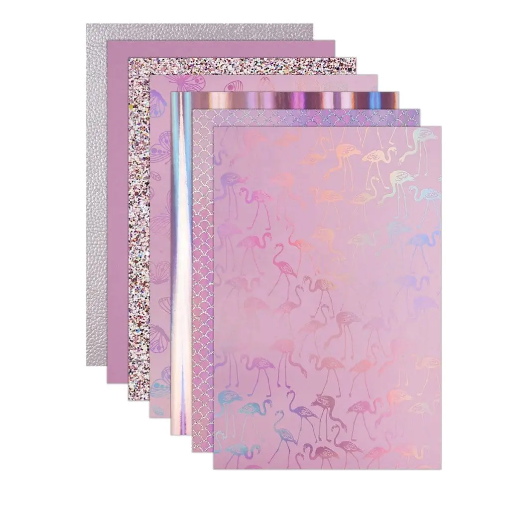 FL44_c Faux Leather : 7 Piece Pink Holographic Glitter Flamingo & Butterfly Mix (FL44)