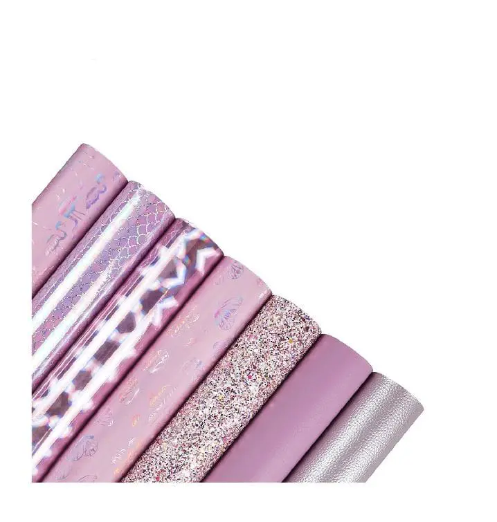 FL44_g Faux Leather : 7 Piece Pink Holographic Glitter Flamingo & Butterfly Mix (FL44)