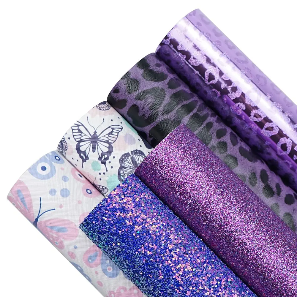 Faux Leather : 6 Piece Purple Butterfly & Leopard Mix (FL48)