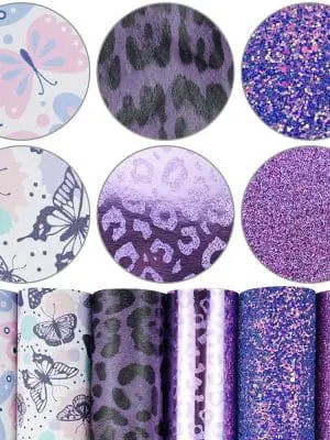 FL48_c Faux Leather : 6 Piece Purple Butterfly & Leopard Mix (FL48)