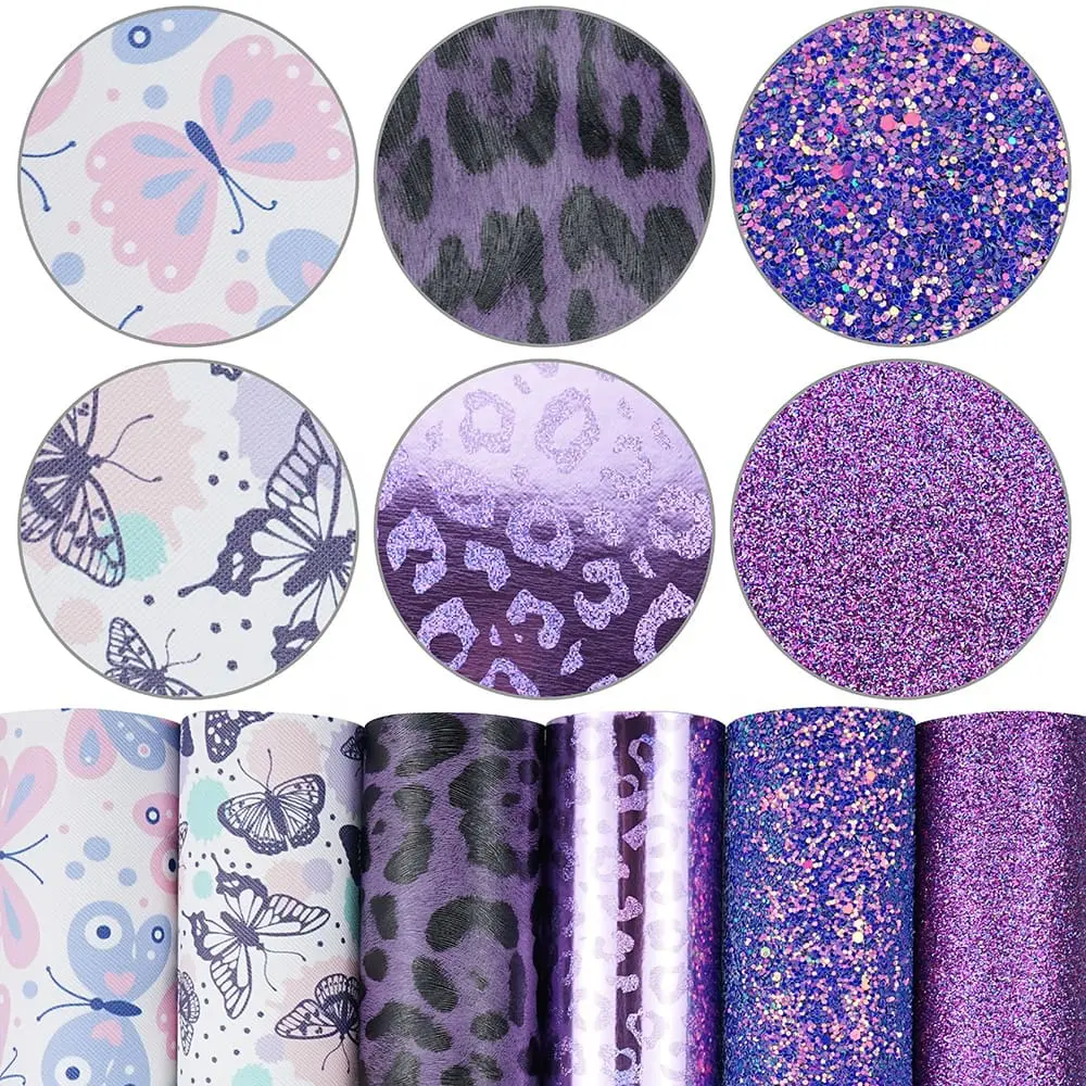 Faux Leather : 6 Piece Purple Butterfly & Leopard Mix (FL48)