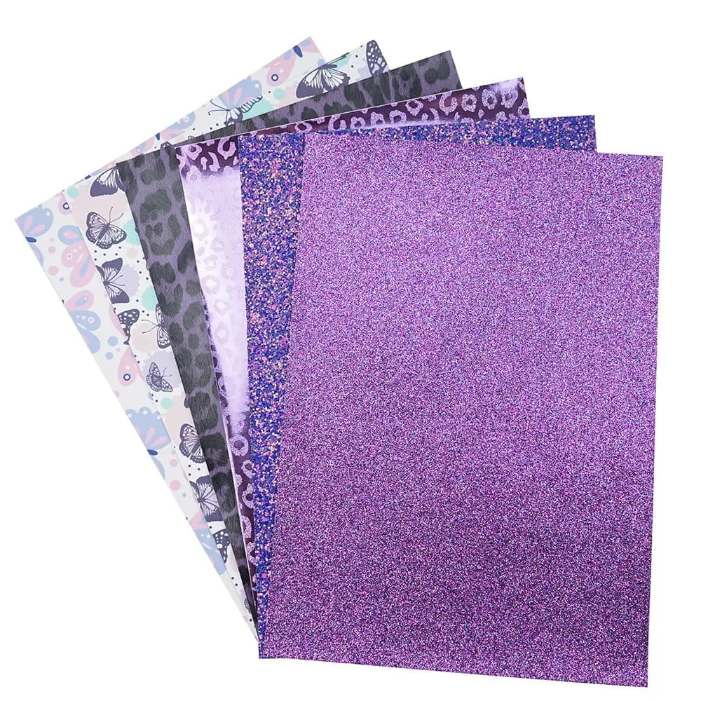 Faux Leather : 6 Piece Purple Butterfly & Leopard Mix (FL48)
