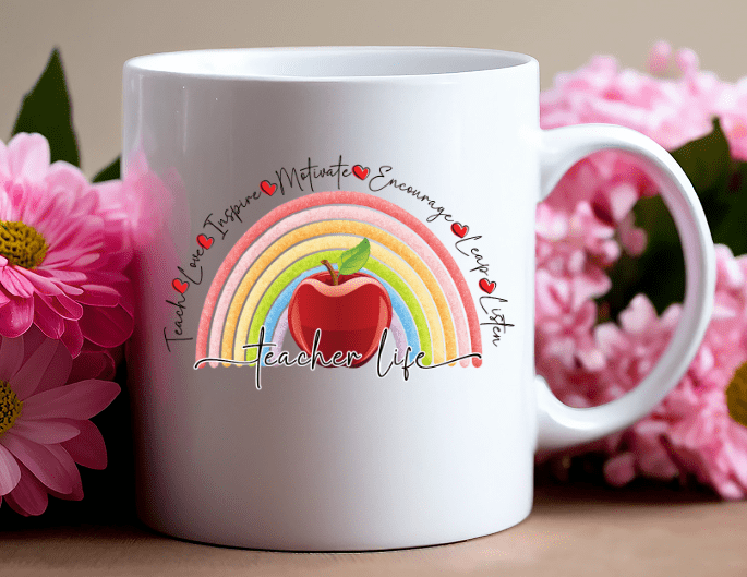 Design Corner : Teacher Life Rainbow Apple Design [Available in white & black text options] (SASDESIGN_TEA2)