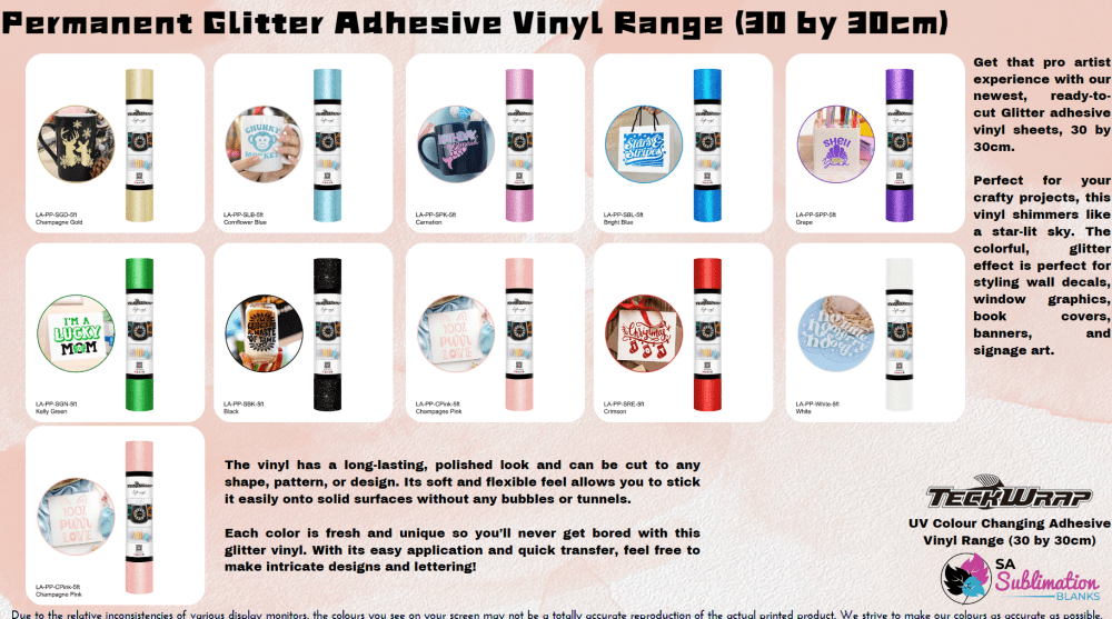 Glitter Adhesive Vinyl Teckwrap : Permanent Glitter Adhesive Vinyl Range (30 by 30cm)