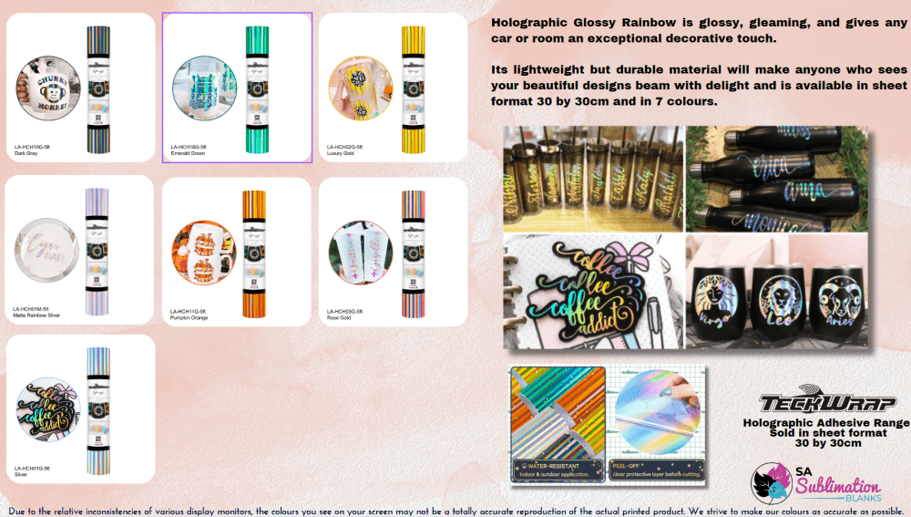 HoloTeckwrap_AdhesiveRange Teckwrap : Holographic Glossy Rainbow Adhesive Range (30 by 30cm)
