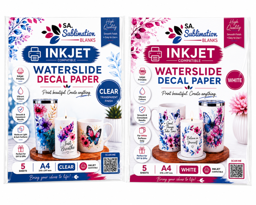 Sublimation Blanks : Waterslide Paper Decal for INKJET (White & Clear, Pack of 5)