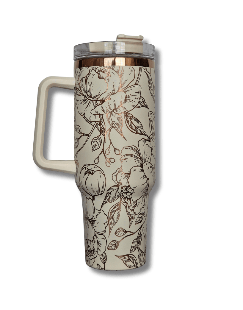 Laser Engraving : 40oz Black & Cream Laser Engraving Tumbler with Rose Gold Base (Stanley Dupe)