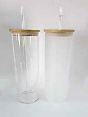 25OZ Group Glass Tumblers Sublimation Blanks : 25oz Glass Libbey Tumblers with Bamboo Lids (Clear or Frosted)