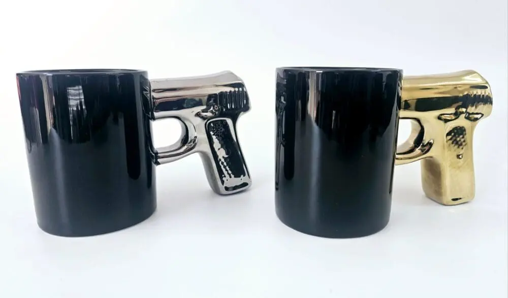 Novelty Mugs :  Pistol Gun Cup Ceramic Coffee Mug With Handle (Silver or Gold)