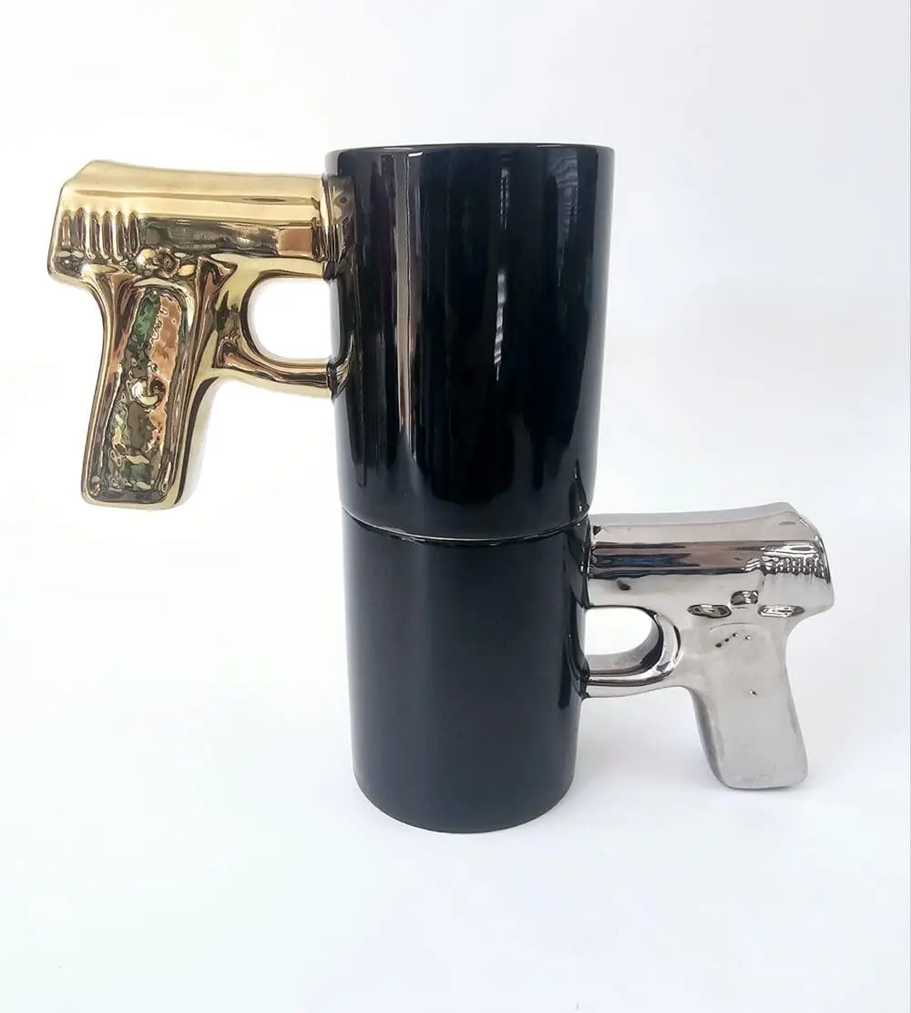Novelty Mugs :  Pistol Gun Cup Ceramic Coffee Mug With Handle (Silver or Gold)