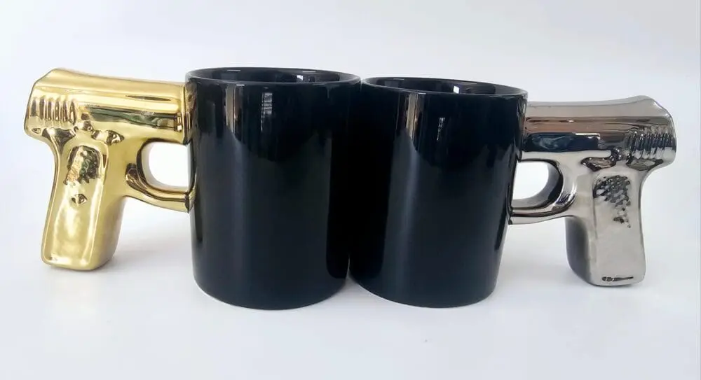 Novelty Mugs :  Pistol Gun Cup Ceramic Coffee Mug With Handle (Silver or Gold)