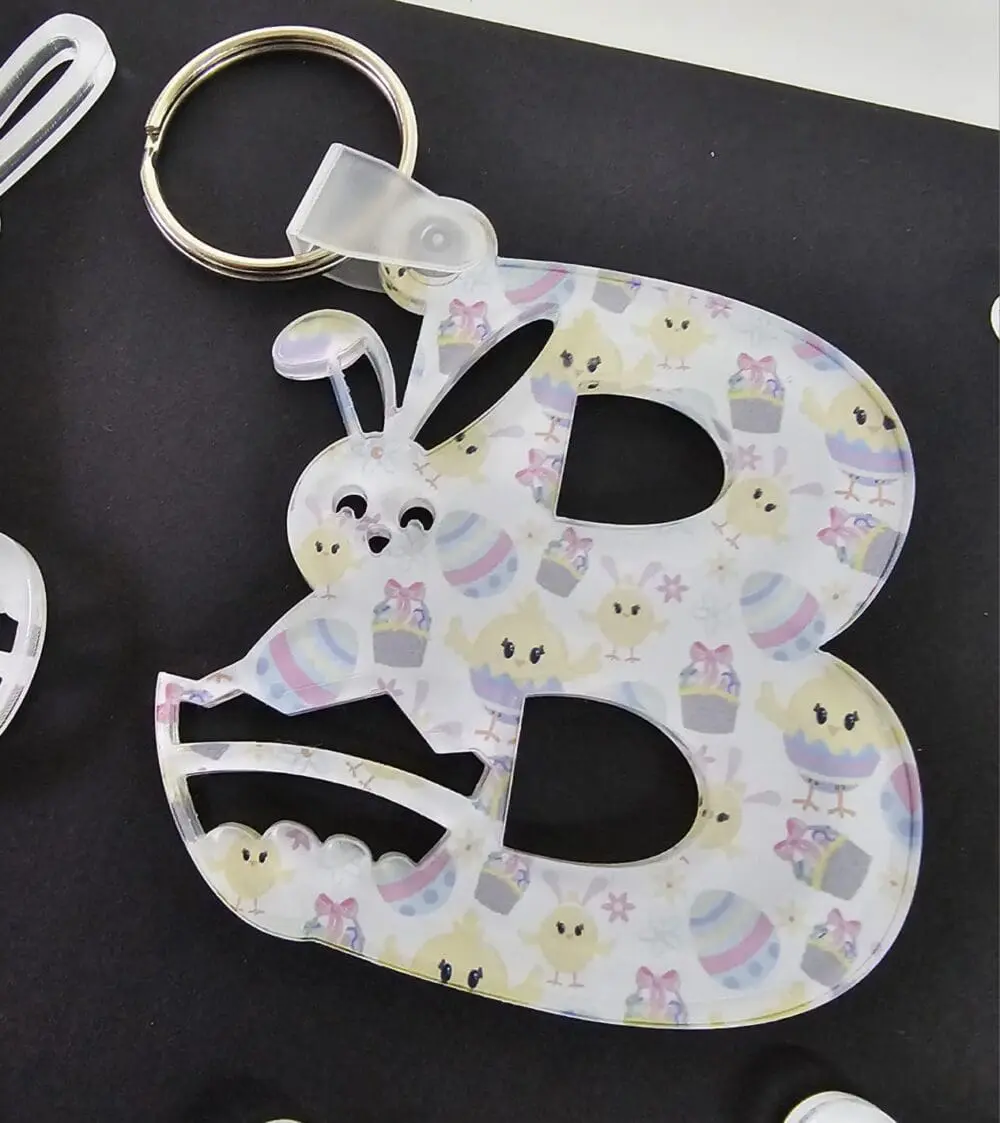 Easter Alpha B Laser Sublimation Blanks : 3 or 4mm Easter Alpha Subli-Acrylic Keychain (A to Z) with split keyring & clip