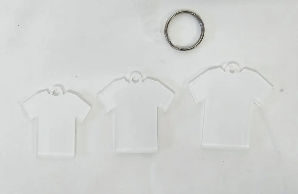 Tshirt_1 Acrylic Shapes : CLEAR S, M or L, Tshirt Keychain + silver split keychain (1.5, 2, 3 & 5mm)