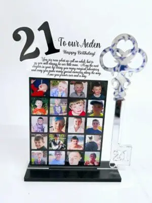 3D UV Prints : Direct to Acrylic 3mm Clear 21st  Plaque with Key in Gold or Silver Mirror & Black 21 with 6mm Black Melamine Stand (Option 1)