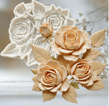 Elegant Rose and Leaf Silicon Fondant Mould.3 Silicone Mould : Elegant Rose and Leaf Silicone Mould