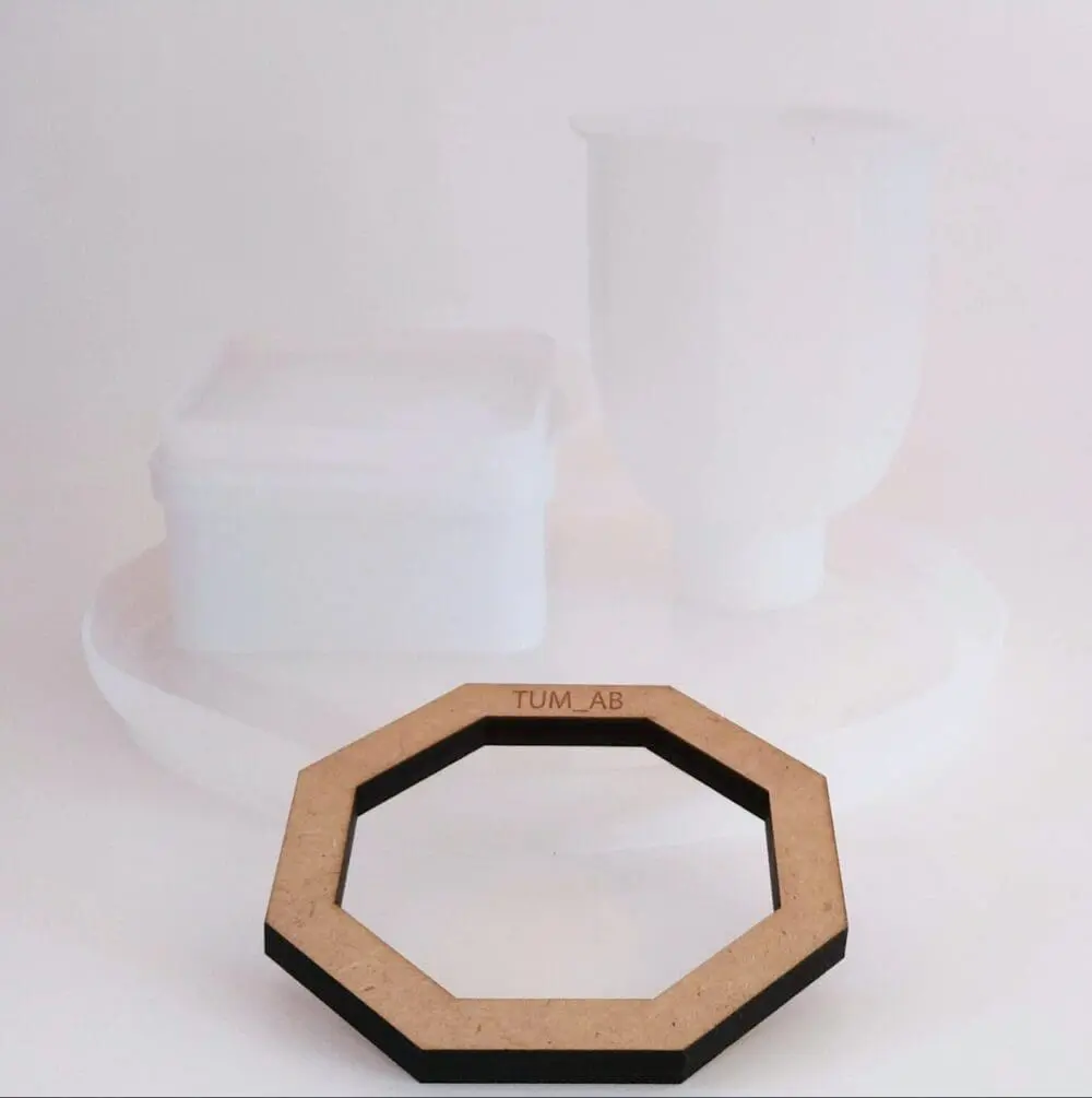 TUM_AB#3 Resin & Epoxy : 4 Piece Square Large Container Set; Vase and Irregular Tray Silicone Mould (Code TUM_AB) + Casting Support Jig for the Vase mould