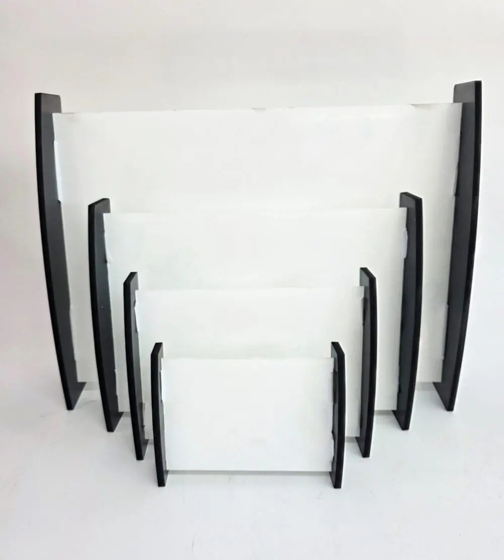 Curved L All Laser Blanks : 3mm CLEAR Acrylic Boards with Curved 6mm Black Melamine Sides (Portrait and Landscape)