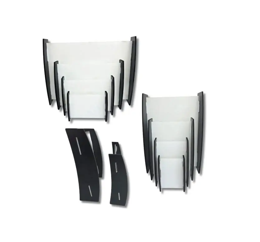 CurvedStandsBoth Laser Blanks : 3mm CLEAR Acrylic Boards with Curved 6mm Black Melamine Sides (Portrait and Landscape)