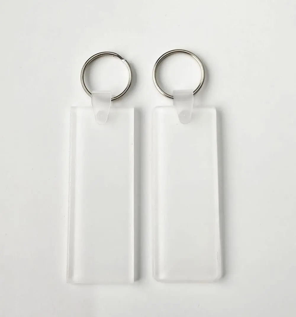 Subli-Acrylic 3 by 8cm Laser Sublimation Blanks : 3 or 4mm RECTANGLE Subli-Acrylic, Keychain + with split keyring & clip (3 by 8cm)