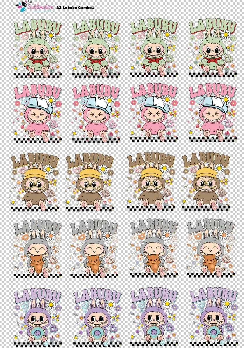 UV DTF_Combo1_A3Labubu UV DTF Decals : Preset Labubu A3 Combo (20 decals)