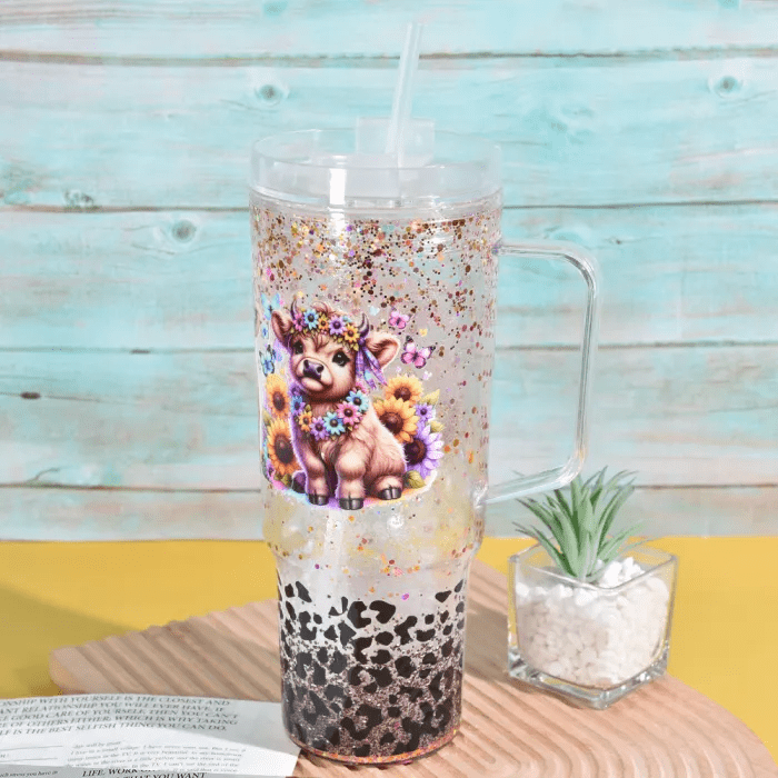 Snow Globe Tumblers : 40oz (1182,94mls) Plastic Stanley Dupe Styled Snow Globe Tumbler (with predrilled hole & plug)