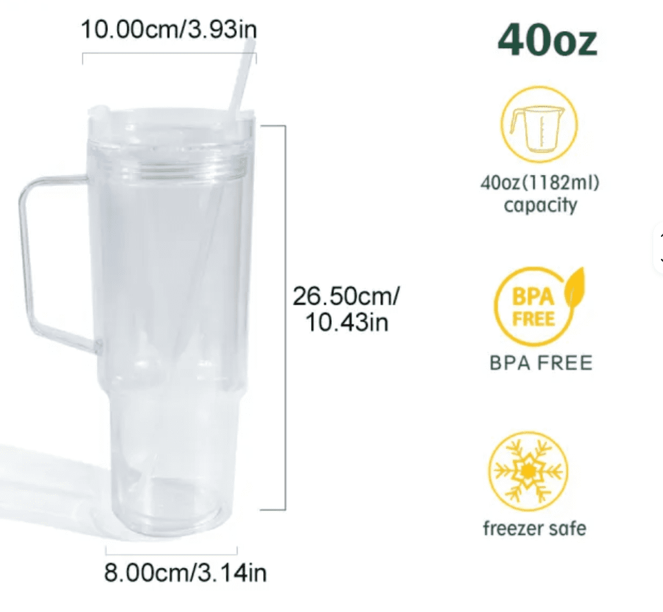 Snow Globe Tumblers : 40oz (1182,94mls) Plastic Stanley Dupe Styled Snow Globe Tumbler (with predrilled hole & plug)