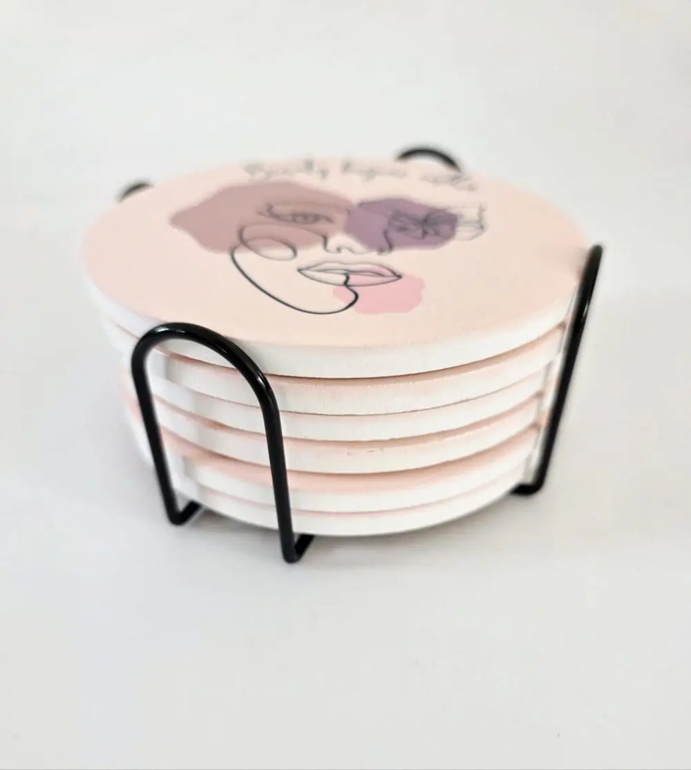 Personalised Gifting : Round Ceramic 6 Piece Coaster Set with Abstract Elegant Lady, "Beauty beings within"