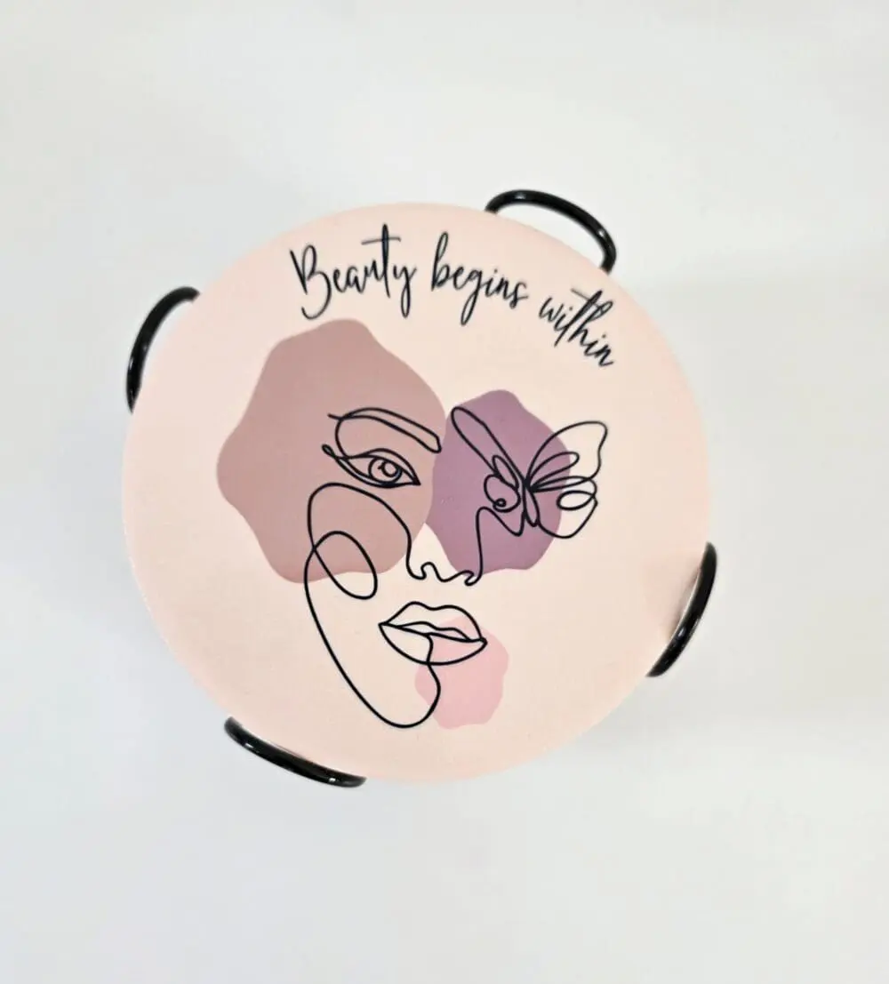 Personalised Gifting : Round Ceramic 6 Piece Coaster Set with Abstract Elegant Lady, "Beauty beings within"