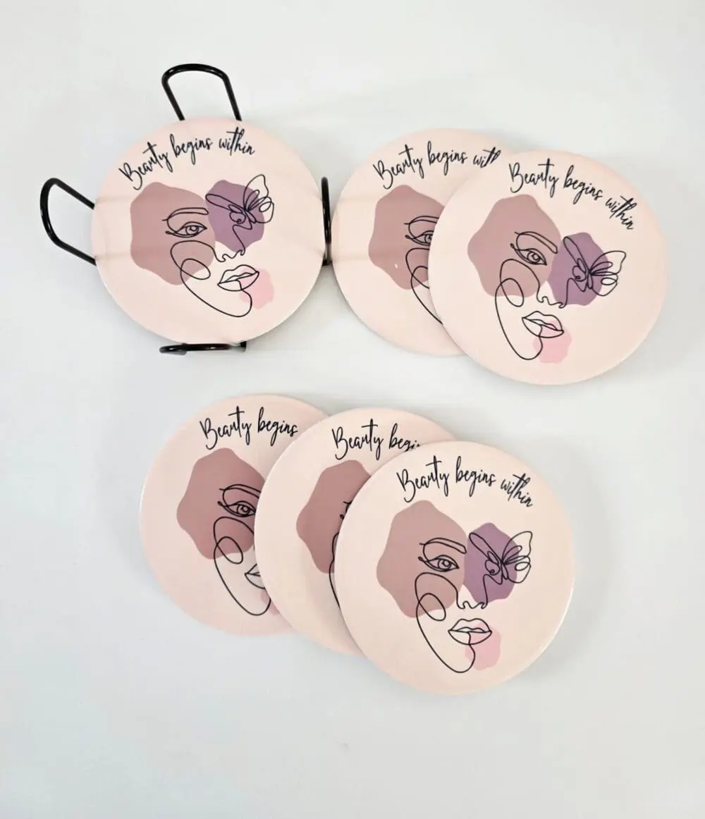 Personalised Gifting : Round Ceramic 6 Piece Coaster Set with Abstract Elegant Lady, "Beauty beings within"