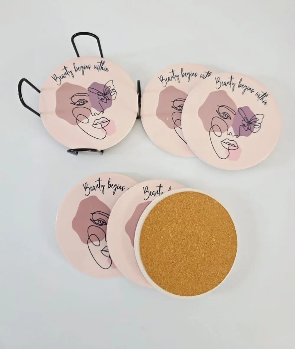 Personalised Gifting : Round Ceramic 6 Piece Coaster Set with Abstract Elegant Lady, "Beauty beings within"
