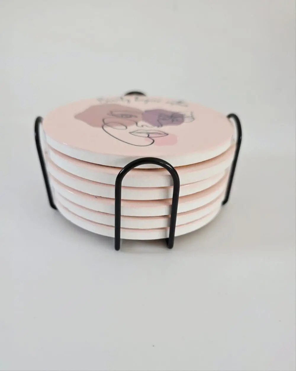Personalised Gifting : Round Ceramic 6 Piece Coaster Set with Abstract Elegant Lady, "Beauty beings within"