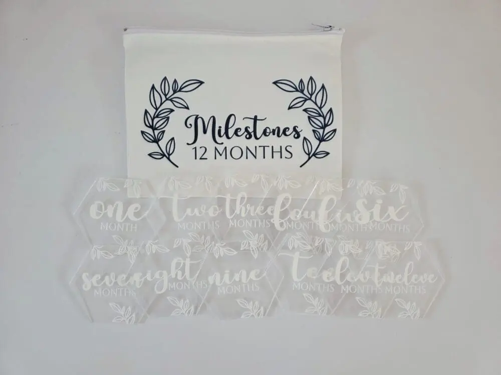 Milestone_1_12month_White UV DTF : Baby Milestone Gift Set 1 to 12months Hexagon Discs in White UV Print (with or without storage bag)