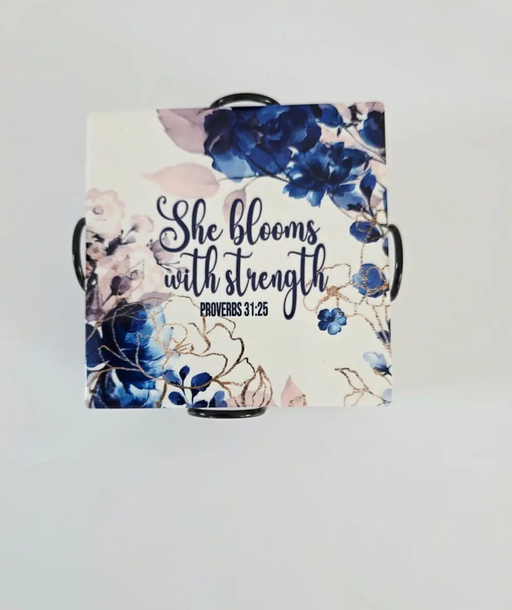 Stregnth Cermaic Coaster Personalised Gifting : Square Ceramic 6 Piece Coaster Set with theme floral print with "She Blooms with Strength Proverbs 31:25"