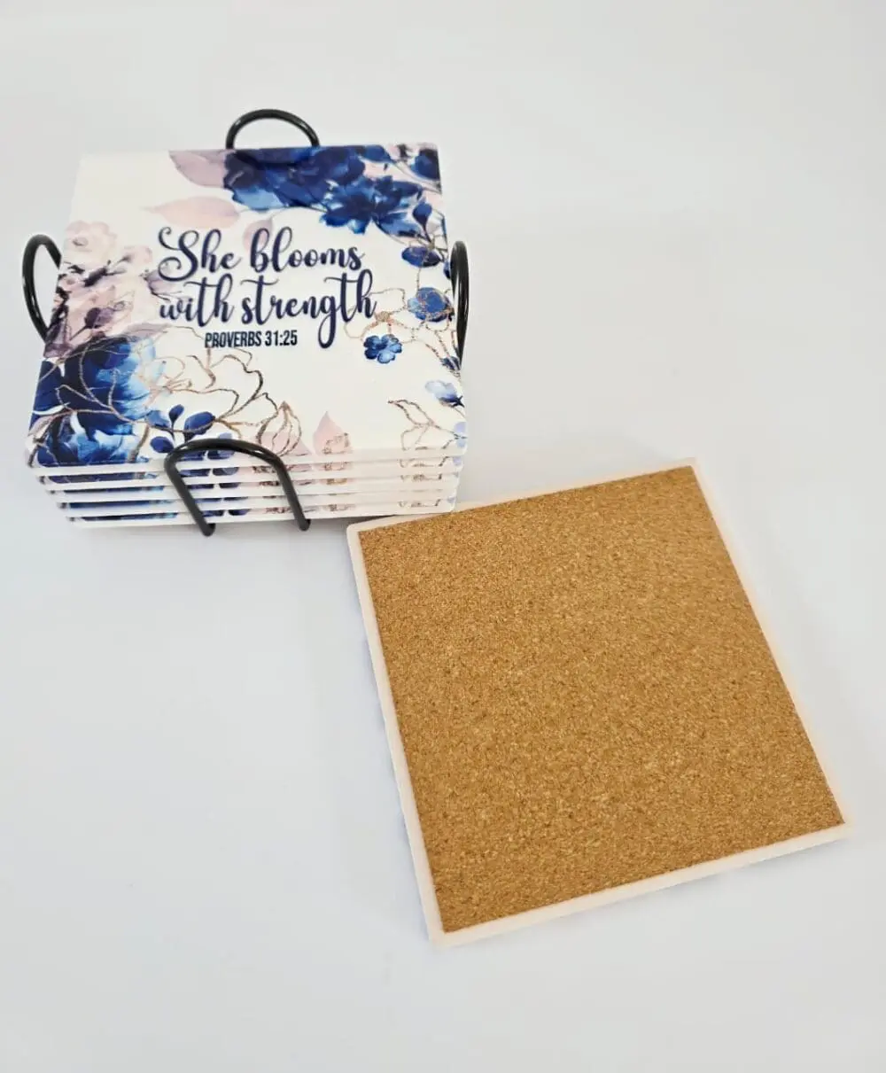 Stregnth Cermaic Coaster2 Personalised Gifting : Square Ceramic 6 Piece Coaster Set with theme floral print with "She Blooms with Strength Proverbs 31:25"