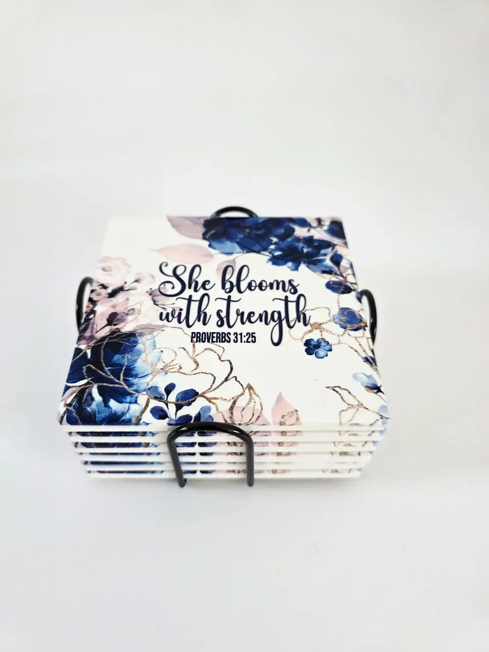 Stregnth Cermaic Coaster3 Personalised Gifting : Square Ceramic 6 Piece Coaster Set with theme floral print with "She Blooms with Strength Proverbs 31:25"