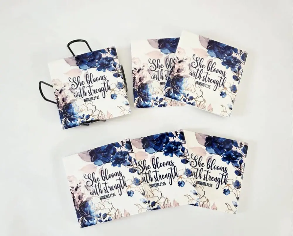 Stregnth Cermaic Coaster4 Personalised Gifting : Square Ceramic 6 Piece Coaster Set with theme floral print with "She Blooms with Strength Proverbs 31:25"