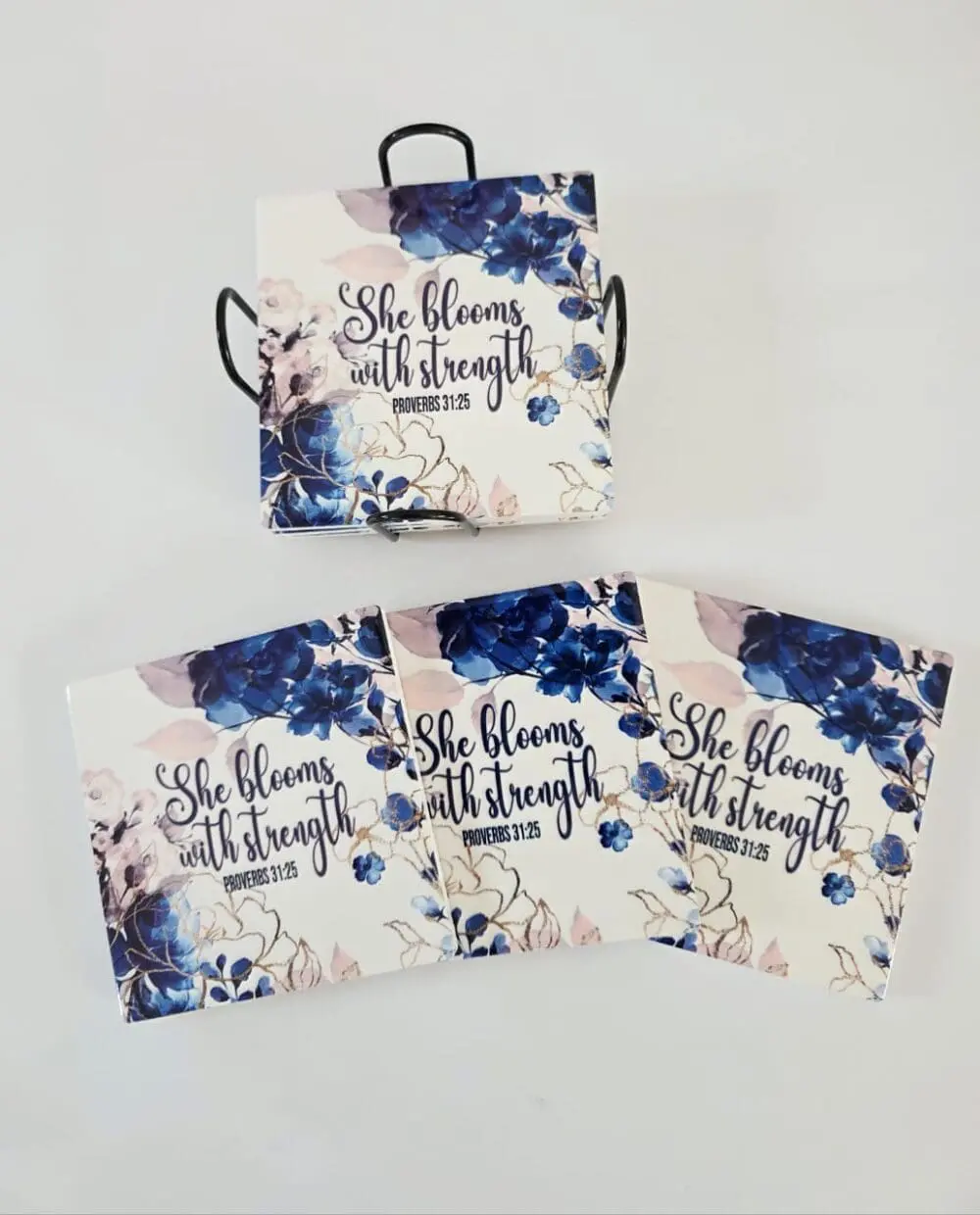 Stregnth Cermaic Coaster5 Personalised Gifting : Square Ceramic 6 Piece Coaster Set with theme floral print with "She Blooms with Strength Proverbs 31:25"