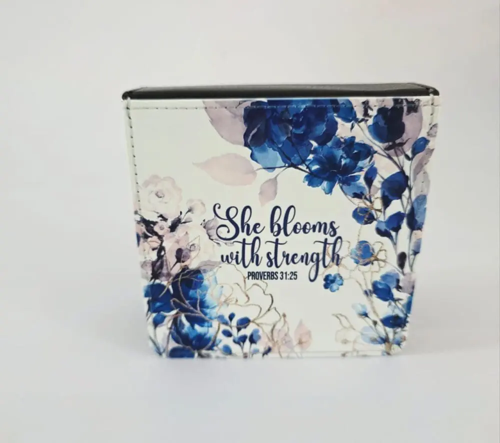 Stregnth SquareMemo5 Personalised Gifting : Square PU Leather Memo Pad with theme floral print with "She Blooms with Strength Proverbs 31:25"