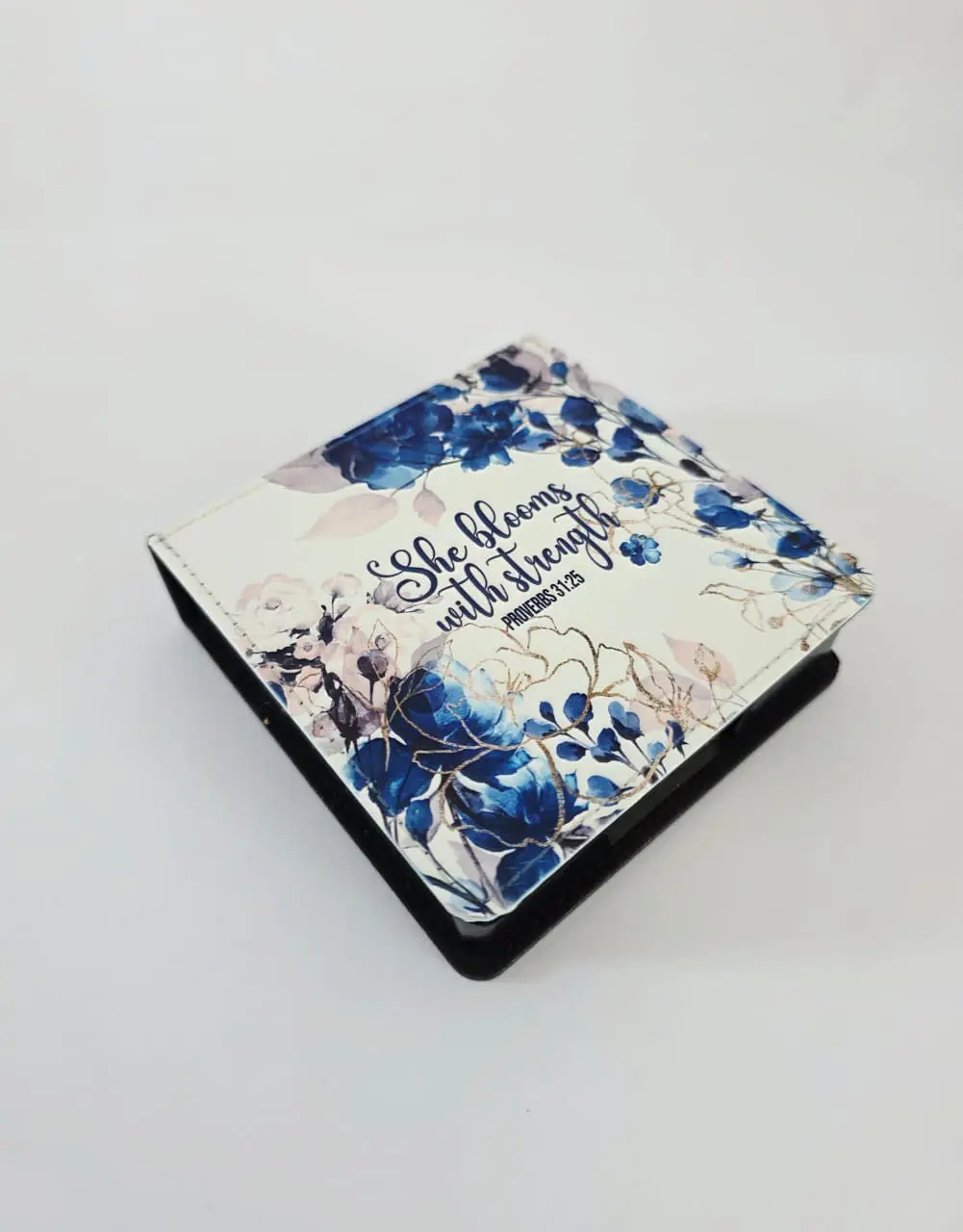 Stregnth SquareMemo6 Personalised Gifting : Square PU Leather Memo Pad with theme floral print with "She Blooms with Strength Proverbs 31:25"