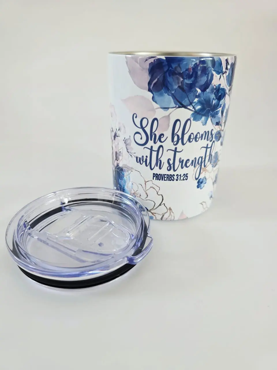 Stregnth10ozTumbler Personalised Gifting : 12oz Tumbler Double Inner Walled & Vacuumed with theme full wrap floral print with "She Blooms with Strength Proverbs 31:25"