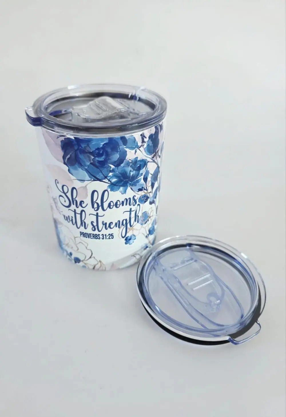 Stregnth10ozTumbler10 Personalised Gifting : 12oz Tumbler Double Inner Walled & Vacuumed with theme full wrap floral print with "She Blooms with Strength Proverbs 31:25"